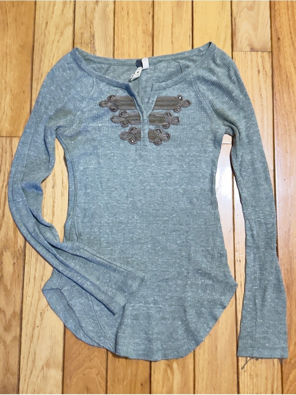 We The Free Heathered Blue Long-Sleeve Ribbed Henley Top with Decorative Trim